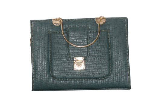 Metal Handle Crocodile Style Carry Handbag Dark Green